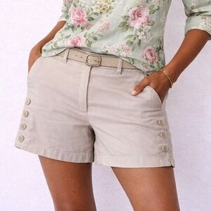Talbots Women Side Button Chino Shorts Cotton Stretch Khaki Tan Size 12